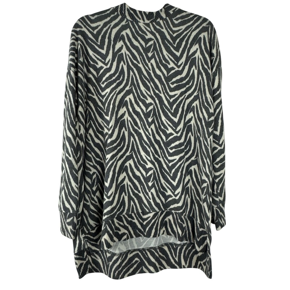 Women's‎ Zebra Print Sweater Medium Grey Mock Neck Pullover Cozy Oversized